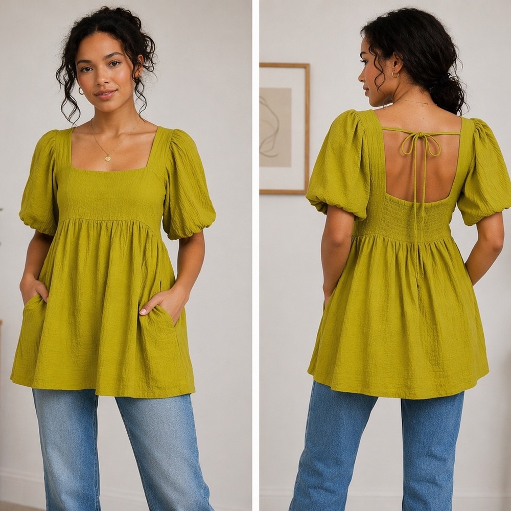 Free People Gigi Blouson Puff Sleeve Tunic Dress Medium Chartreuse Pockets